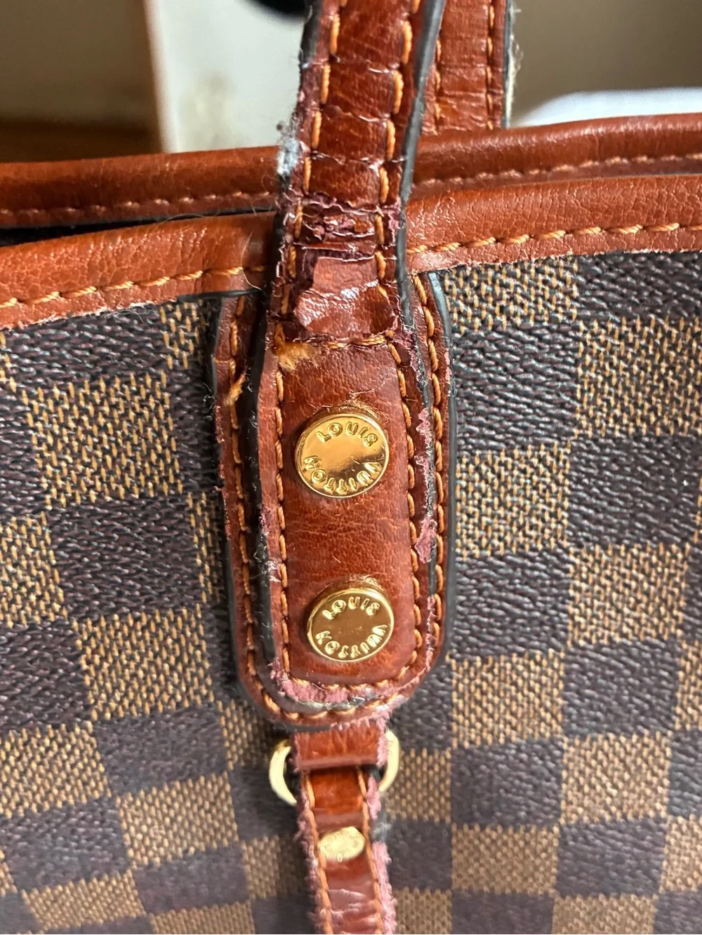 Luis Vuitton Brown Checkered Tote Bag with Dark Brown Trim